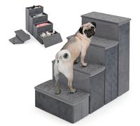 GYMAX Dog Stairs with Storage Box, 4 Steps Non-slip Foldable Pet Stairs, Portable Pet Climbing Ladder for Bed Sofa, Storage Boxes for Puppy Toys Treats