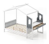 Gymax Double House Bed Frame with Desk Kids Bed with Roof Canopy & 2 Drawers in White Gymax White