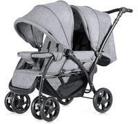 GYMAX Double Seat Stroller with Adjustable Push Handle, Detachable Canopy and Foot Rest, Foldable Baby Pushchair Buggy for Traveling, Going Shopping & Hanging Out (Grey)
