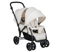 GYMAX Double Seat Stroller with Adjustable Push Handle, Detachable Canopy and Foot Rest, Foldable Baby Pushchair Buggy for Traveling, Going Shopping & Hanging Out (Beige)