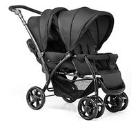 GYMAX Double Seat Stroller with Adjustable Push Handle, Detachable Canopy and Foot Rest, Foldable Baby Pushchair Buggy for Traveling, Going Shopping & Hanging Out (Black)