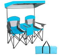 Gymax Double Sunshade Folding Chairs Outdoor 2-person Chairs in Blue Gymax Blue