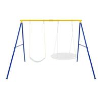 GYMAX Double Swing set, Metal Swing Frame with Ground Stakes, Indoor Outdoor Kids Swings set for Garden Playground, 300kg Weight Capacity