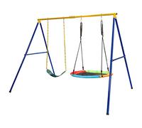 GYMAX Double Swing set, Metal Swing Frame with Ground Stakes, Indoor Outdoor Kids Swings set for Garden Playground, 300kg Weight Capacity