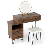 Gymax Dressing Table & Stool Set Makeup Vanity Desk with Mirror & Lights in Brown Gymax Brown