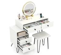 Gymax Dressing Table & Stool Set Makeup Vanity Desk with Mirror & Lights in White Gymax White