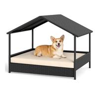 GYMAX Elevated Dog Bed, Raised Rattan Dogs House with Removable Cushion and Canopy, Indoor Outdoor Pet Shelter for Small Medium Dogs Cats (Beige+Black)