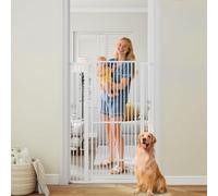 GYMAX Extra Tall Pet Gate, 77-104 cm Adjustable Width Dog Gate with Small Door, Dual Locks and Pressure Mount System, 150 cm/171 cm Metal Pet Door for Doorways, Kitchen (150cm Tall)