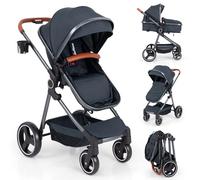 GYMAX Foldable Baby Stroller, All in One Toddler Pushchair with Adjustable Backrest/Canopy and Storage Bag, Portable Convertible Buggy Pram for Newborns (Dark Blue, with footmuff: 89 x 58 x 101 cm)
