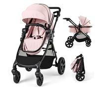 GYMAX Foldable Baby Stroller, All in One Toddler Pushchair with Adjustable Backrest/Canopy and Storage Bag, Portable Convertible Buggy Pram for Newborns (Pink, Without footmuff: 89 x 60 x 111 cm)