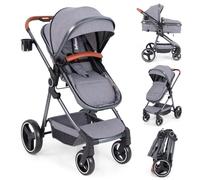 GYMAX Foldable Baby Stroller, All in One Toddler Pushchair with Adjustable Backrest/Canopy and Storage Bag, Portable Convertible Buggy Pram for Newborns (Gray, with footmuff: 89 x 58 x 101 cm)
