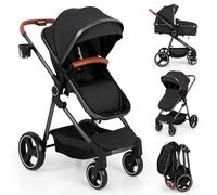 GYMAX Foldable Baby Stroller, All in One Toddler Pushchair with Adjustable Backrest/Canopy and Storage Bag, Portable Convertible Buggy Pram for Newborns (Black, with footmuff: 89 x 58 x 101 cm)
