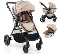 GYMAX Foldable Baby Stroller, All in One Toddler Pushchair with Adjustable Backrest/Canopy and Storage Bag, Portable Convertible Buggy Pram for Newborns (Beige, Without footmuff: 89 x 60 x 111 cm)
