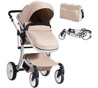GYMAX Foldable Baby Stroller, Lightweight Toddler Pushchair with Adjustable Canopy/Backrest/Handle, Rain Cover, Mosquito Net, Storage Bag, Aluminum Alloy Infant Pram Carriage for 0-3 Years Old (Beige)
