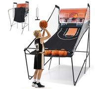 GYMAX Foldable Basketball Arcade Game, Basketball Game set with 8 Game Modes, 4 Balls, Voice Prompt, Double Hoops and Scorer, Indoor Outdoor Basketball Hoop for Kids and Adults