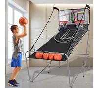 GYMAX Foldable Basketball Arcade Game with 8 Game Modes, Voice Prompt, Double Hoops and Scorer, Indoor Outdoor Basketball Hoop for Kids and Adults (Silver+Black)
