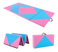 GYMAX Foldable Gymnastics Mat, 8FT x 4FT Extra Thick Tumbling Mat with Carry Handles, Non-slip PU Leather Exercise Mats for Pilates, Stretching and Fitness (Blue+Light Pink)