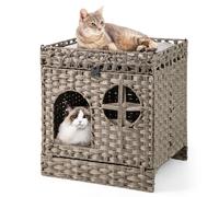 GYMAX Foldable Rattan Cat Litter Box Enclosure, 2-tier Wicker Hidden Kitten Condo with Cat Litter Mat, Washable Soft Cushion and Flip-down Door, Indoor Pet Furniture for Living Room Bedroom