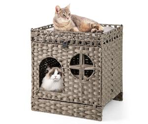 GYMAX Foldable Rattan Cat Litter Box Enclosure, 2-tier Wicker Hidden Kitten Condo with Cat Litter Mat, Washable Soft Cushion and Flip-down Door, Indoor Pet Furniture for Living Room Bedroom