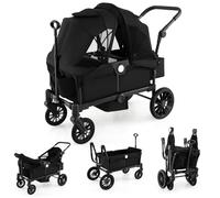 GYMAX Foldable Wagon for Kids to Sit in, Push Pull Double Stroller with Adjustable Handle, Removable Canopy, Cup Holder & Food Tray, Portable Push Pull Cart for Babies 6+ Months Old (Black)