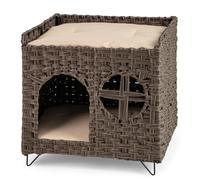 GYMAX Foldable Wicker Cat House, Rattan Elevated Kitten Condo with Washable Soft Cushion and Top Perch, Indoor Pet Furniture Side Table for Living Room Bedroom