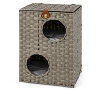 GYMAX Foldable Wicker Cat House, Rattan Kitten Condo with Washable Soft Cushion and Lockable Lid, Indoor Pet Furniture Cat Bed for Living Room Bedroom (Gray, 43 x 35 x 61cm)