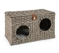 GYMAX Foldable Wicker Cat House, Rattan Kitten Condo with Washable Soft Cushion and Lockable Lid, Indoor Pet Furniture Cat Bed for Living Room Bedroom (Gray, 60 x 35 x 35 cm)