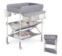GYMAX Folding Baby Changing Table, Height Adjustable Newborn Nursery Care Station with Storage Basket, Shelves, Trash Bin & Lockable Wheels, Portable Infant Bath Massage Diaper Organizer (Gray)