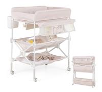 GYMAX Folding Baby Changing Table, Height Adjustable Newborn Nursery Care Station with Storage Basket, Shelves, Trash Bin & Lockable Wheels, Portable Infant Bath Massage Diaper Organizer (Pink)