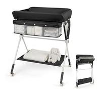 GYMAX Folding Baby Changing Table, Hight Adjustable Infant Diaper Changing Station with Wheels and Storage Basket, Portable Newborn Care Station (Black)