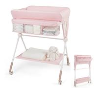 GYMAX Folding Baby Changing Table, Hight Adjustable Infant Diaper Changing Station with Wheels and Storage Basket, Portable Newborn Care Station (Pink)