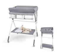 GYMAX Folding Baby Changing Table, Hight Adjustable Infant Diaper Changing Station with Wheels and Storage Basket, Portable Newborn Care Station (Gre