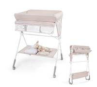 GYMAX Folding Baby Changing Table, Hight Adjustable Infant Diaper Changing Station with Wheels and Storage Basket, Portable Newborn Care Station (Beige)