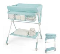 GYMAX Folding Baby Changing Table, Hight Adjustable Infant Diaper Changing Station with Wheels and Storage Basket, Portable Newborn Care Station (Green)