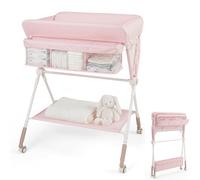 GYMAX Folding Baby Changing Table, Hight Adjustable Infant Diaper Changing Station with Wheels and Storage Basket, Portable Newborn Care Station (Pin