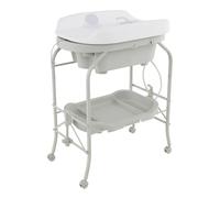 GYMAX Folding Baby Changing Table with Bathtub, Portable Newborn Bath Table and Dresser Unit with PVC Pad, Storage Tray and Wheels, Infant Diaper Changing Station (Light Grey)