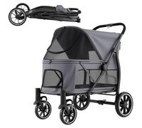 GYMAX Folding Dog Stroller, Portable Pet Travel Pushchair with Adjustable Canopy, Storage Pockets & Safety Belt, 4 Wheel Pet Travel Carrier for Medium and Large Dogs (Grey)