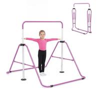 GYMAX Folding Gymnastics Bar for Kids, Height Adjustable Horizontal Kip Training Bar with Anti-slip Base, Portable Junior Training Equipment for Indoor Outdoor Home Use
