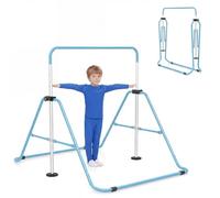 GYMAX Folding Gymnastics Bar for Kids, Height Adjustable Horizontal Kip Training Bar with Anti-slip Base, Portable Junior Training Equipment for Indoor Outdoor Home Use (Blue)