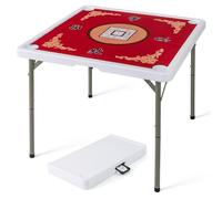 GYMAX Folding Mahjong Table, 35” Portable Card Table with Cup Holders and Carrying Handle, 4 Player Square Domino Playing Desk for Mahjong Poker (Red)