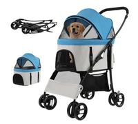 GYMAX Folding Pet Stroller, 4-Wheel Portable Pet Travel Pushchair with Adjustable Canopy, Safety Belt, Storage Basket & Zippered Mesh Entry, Travel Carrier Carriage for Dogs & Cats (Gray+Blue)