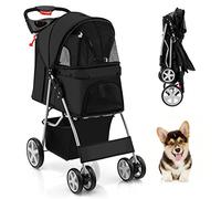 GYMAX Folding Pet Stroller, Portable Pet Travel Pushchair with 4 Wheels, Safety Belt, Mesh Windows and Cup Holder, Pets Travel Carrier Carriage for Dogs and Cats (Black)