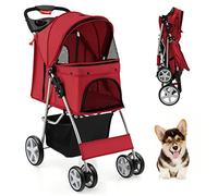GYMAX Folding Pet Stroller, Portable Pet Travel Pushchair with 4 Wheels, Safety Belt, Mesh Windows and Cup Holder, Pets Travel Carrier Carriage for Dogs and Cats (Red)