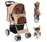 GYMAX Folding Pet Stroller, Portable Pet Travel Pushchair with 4 Wheels, Safety Belt, Mesh Windows and Cup Holder, Pets Travel Carrier Carriage for Dogs and Cats (Beige)