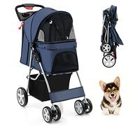 GYMAX Folding Pet Stroller with 4 Wheels, Safety Belt (Blue)