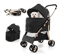 GYMAX Folding Pet Stroller with Adjustable Canopy Safety Belt (Black+Gold)