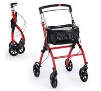 GYMAX Folding Rollator Walker for Elderly, 4 Wheel Narrow Walking Aid with Removable Tray, Basket and Brakes, Adjustable Lightweight Rollator for Disabled (Red)
