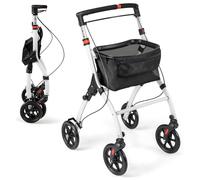 GYMAX Folding Rollator Walker for Elderly, 4 Wheel Narrow Walking Aid with Removable Tray, Basket and Brakes, Adjustable Lightweight Rollator for Disabled (White)