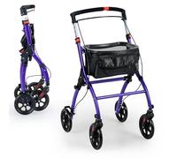 GYMAX Folding Rollator Walker for Elderly, 4 Wheel Narrow Walking Aid with Removable Tray, Basket and Brakes, Adjustable Lightweight Rollator for Disabled (Purple)