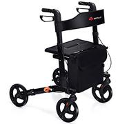 GYMAX Folding Rollator Walker with Seat, Dual Brakes, Detachable Storage Bag, Cane Holder, Adjustable Height 4 Wheel Walkers, Lightweight Aluminium Walking Mobility Aid for Elderly (Black)